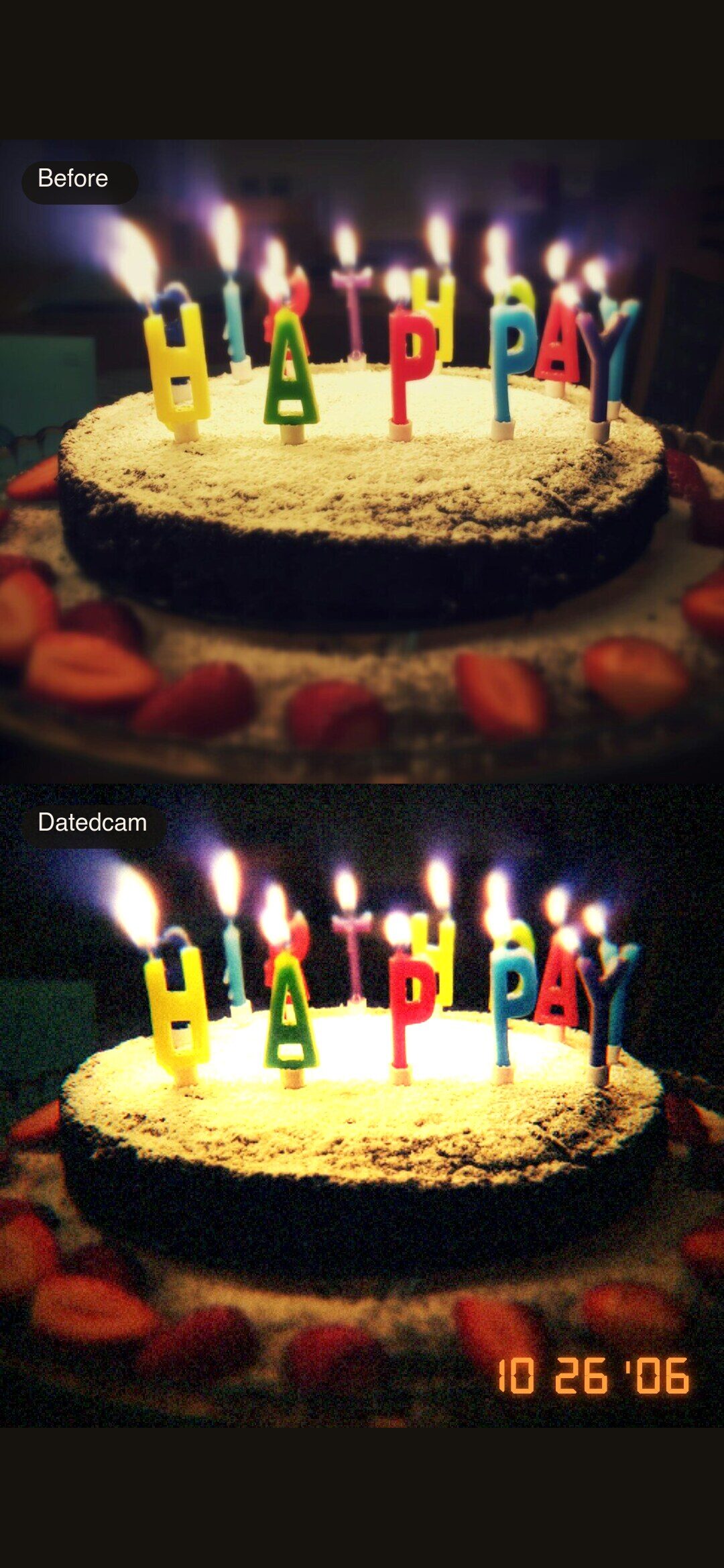 A phone photo of a birthday cake on top, and the same photo in Datedcam's night flash look below, made with the app's filter